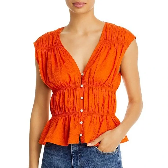 FRAME Ruched Cotton V-Neck Sleeveless Blouse - Picture 1 of 8